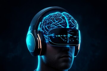 Obraz premium Futuristic brain enhancement device, worn like a headset, stimulating thought processes and memory, with glowing neural connections and digital displays