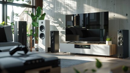 Modern Home Entertainment Setup with High-End Electronics in Stylish Living Room for Smart Home Integration