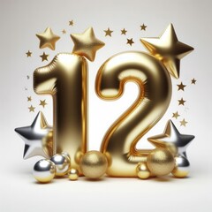 Golden 12th Birthday Celebration – Twelve Balloons Numbers Gold Text Decoration