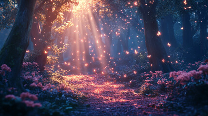 Enchanting forest path illuminated by soft light and surrounded by blooming flowers at dusk