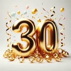Golden 30th Birthday Celebration &ndash; Thirty Balloons Numbers Gold Text Decoration