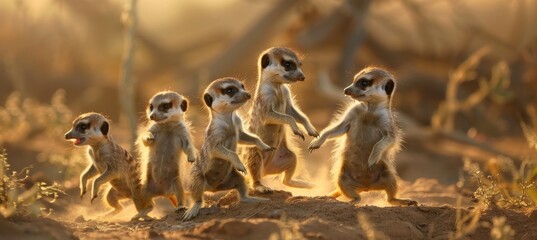 Playful Young Meerkats Interacting in a Sunny Sandy Desert Landscape
