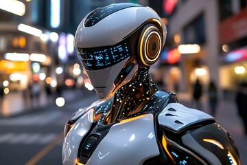 Futuristic humanoid robot in a neon-lit city, navigating the streets autonomously with advanced AI, its sleek body glowing with embedded lights