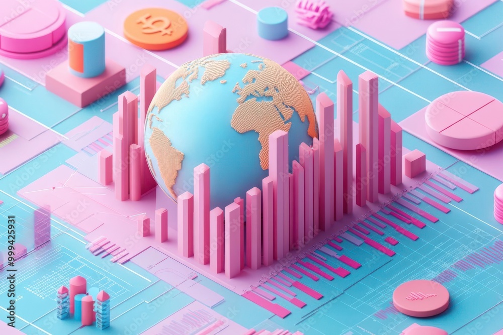 Wall mural a vibrant 3d visualization of global data with pink and blue elements, showcasing graphs, charts, an