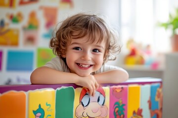 Fototapeta premium A cheerful kid smiles brightly while leaning on a colorful play mat. The playful atmosphere showcases joy and creativity, perfect for children. Generative AI
