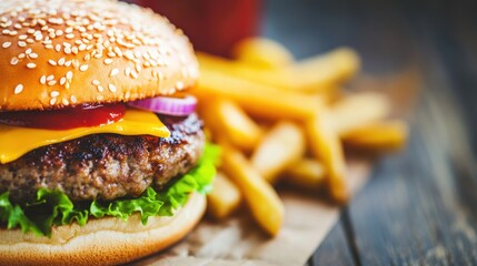 A classic burger featuring sesame seed bun, cheese, lettuce, and onions alongside crispy fries with ketchup, all on a wooden table