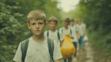 A group of children is actively engaged in cleaning up litter in the forest, carrying bags filled with collected waste