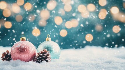 Fototapeta premium Colorful Christmas ornaments and pine cones are nestled in soft snowflakes while a festive, blurred background sparkles softly