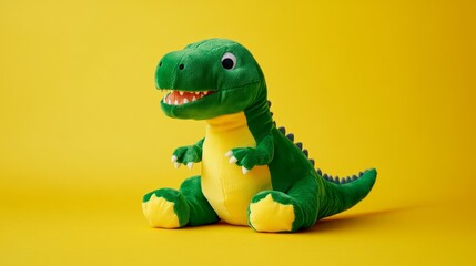 Naklejka premium Playful Bright Green Dinosaur Plush on Yellow Background with Soft Shadow