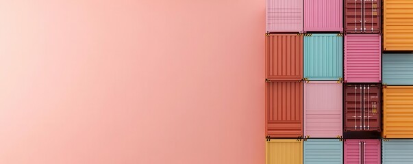 Obraz premium A vibrant arrangement of colorful shipping containers against a soft pink background, perfect for logistics and transport themes.