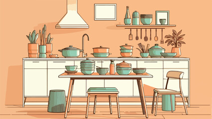 modern kitchen atmosphere with a table in the middle containing Chinese dishes, in a pastel tosca color in a minimal line art illustration style on a light orange background 