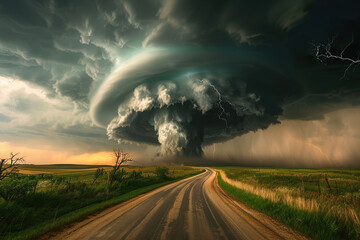 Generative ai on theme of scary ominous huge hurricane tornado, apocalyptic dramatic background