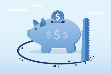 Piggy bank being sawed underneath the floor to steal money. Financial mistake, investment risk management, money loss in economic crisis or robbery and fraud concept. Loss savings.