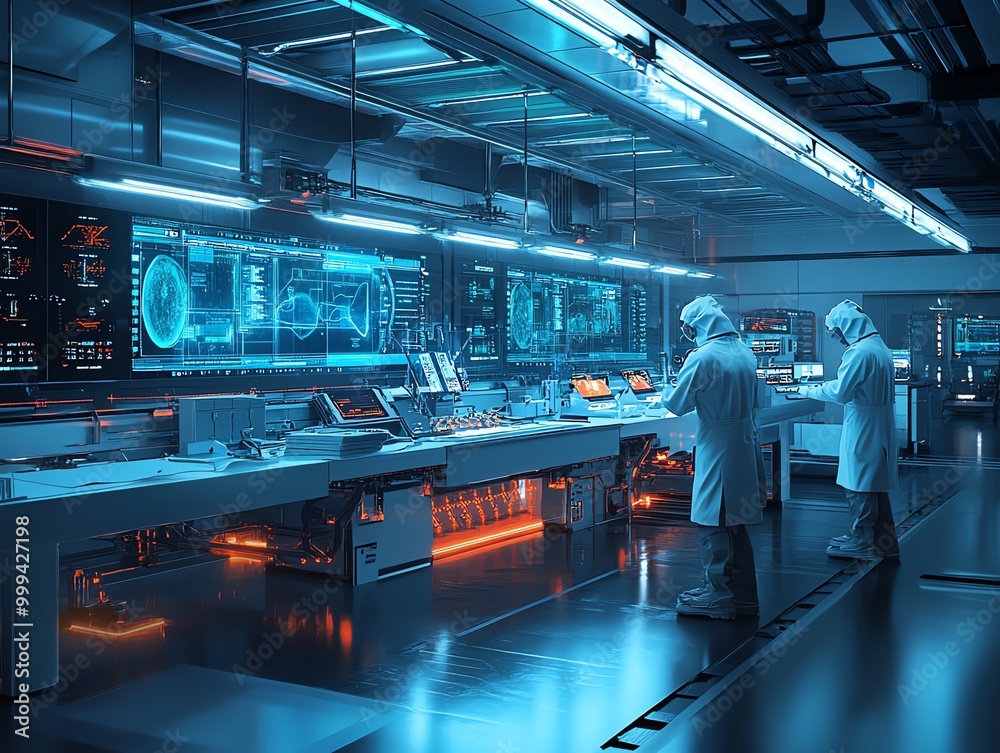 Fototapete two scientists in white lab coats work in a futuristic lab. they stand in front of a large monitor w