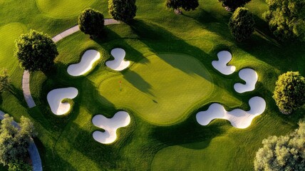 Aerial view of a golf course with unique bunkers and lush green lawns.