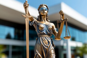 Obraz premium Justice statue holding scales and a sword, standing tall in front of a government building, representing the strength and fairness of the legal system