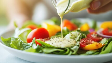 A chef pours dressing onto a vibrant salad filled with greens, tomatoes, and colorful vegetables in a well-lit kitchen