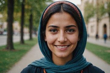 Close portrait of a smiling young Afghan woman looking at the camera, outdoors blurred background
