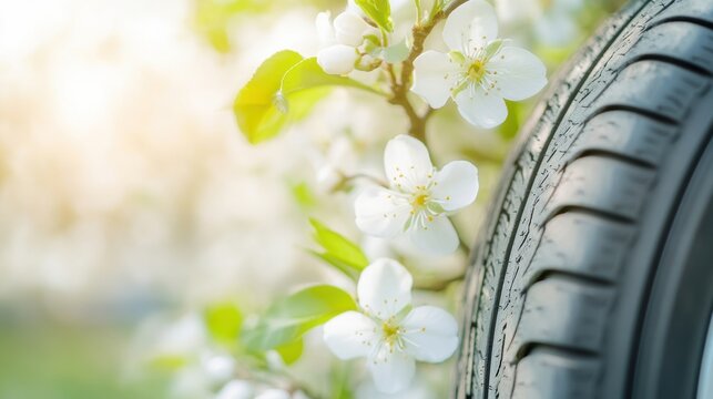 A car tire rests beside blooming spring flowers, showcasing the contrast between automotive elements and nature in full bloom