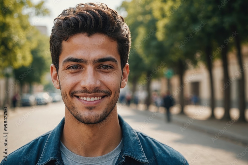 Wall mural close portrait of a smiling young algerian man looking at the camera, outdoors blurred background