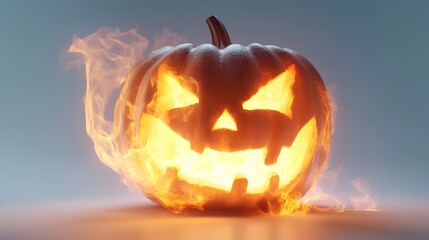 Fototapeta premium Glowing Jack o Lantern Pumpkin with Fiery Flames Spilling from Carved Face Isolated on Pristine White Background