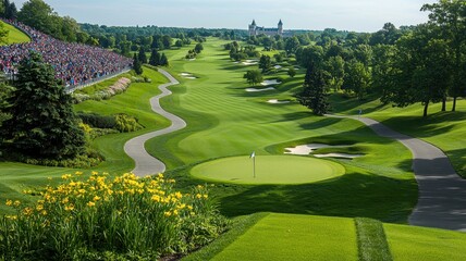 Scenic view of a lush golf course with vibrant greens, pathways, and a clear blue sky showcasing an ideal golfing environment.