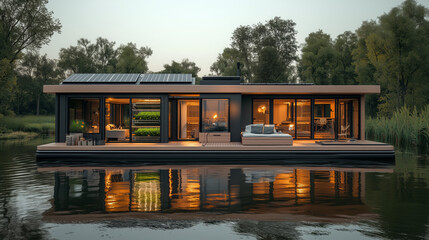 Obraz premium Self-sustaining houseboats with integrated aquaponics and solar energy systems