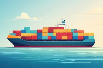 A vibrant cargo ship loaded with colorful containers sailing smoothly on calm waters under a bright sky.