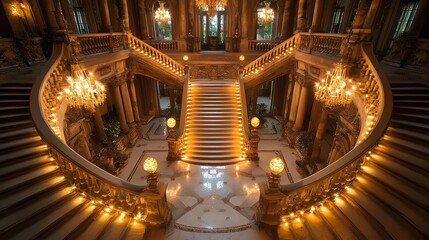 Obraz premium View from above of grand staircase in a luxury building with intricate details, ornate railings, and glowing lights.