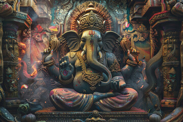 Fototapeta premium Beautiful greeting card with bright holiday composition for happy celebrate Ganesh Chaturthi