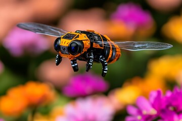 Tiny robotic insect flying among flowers, equipped with sensors for pollination and environmental monitoring, symbolizing the intersection of nature and technology
