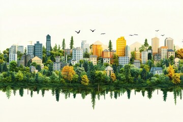 Obraz premium A vibrant city skyline reflecting in serene water, surrounded by lush trees and a clear sky, showcasing harmony between nature and urban life.