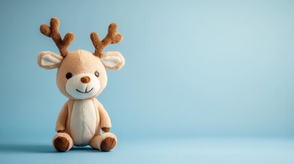 Fototapeta premium Adorable Reindeer Plush Toy on Soft Light Blue Background - Isolated Cuddly Toy for Christmas Decorations and Kids Playtime