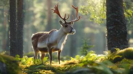 Fototapeta premium A reindeer standing among the soft moss and ferns of the forest floor