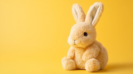 Obraz premium Cute Soft Rabbit Plush Toy on Light Yellow Background - Isolated Adorable Stuffed Animal for Children's Playtime or Easter Decor