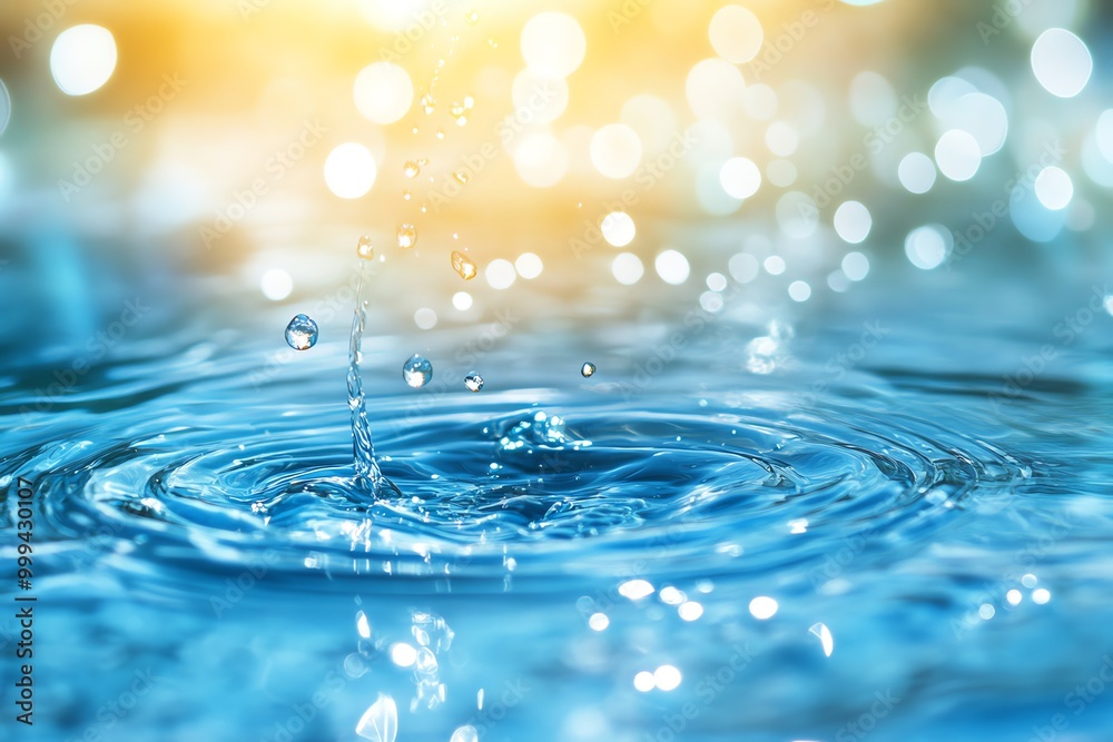 Poster water drops falling into blue water creating a splash with a blurred light background.