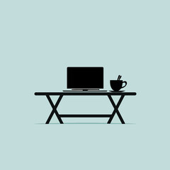 Fototapeta premium Illustration of a modern workspace featuring a laptop on a desk with a coffee cup, symbolizing productivity and remote work in a stylish setting.