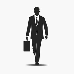 Silhouette illustration of a businessman in corporate attire walking confidently, representing professional success and leadership in the business world.