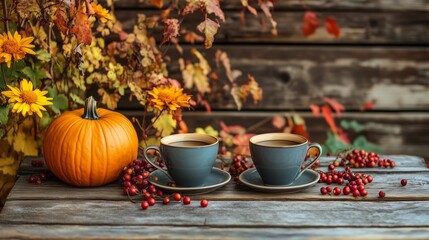 A table with two cups of coffee, surrounded by autumn flowers and berries in the background on wooden planks. A small pumpkin sits next to them. The scene is set against an old wooden wall. 