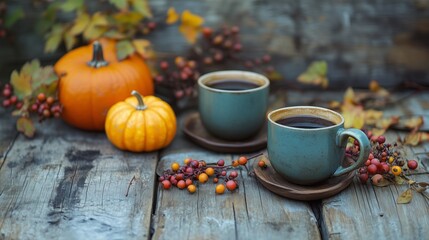 A table with two cups of coffee, surrounded by autumn flowers and berries in the background on wooden planks. A small pumpkin sits next to them. The scene is set against an old wooden wall. 
