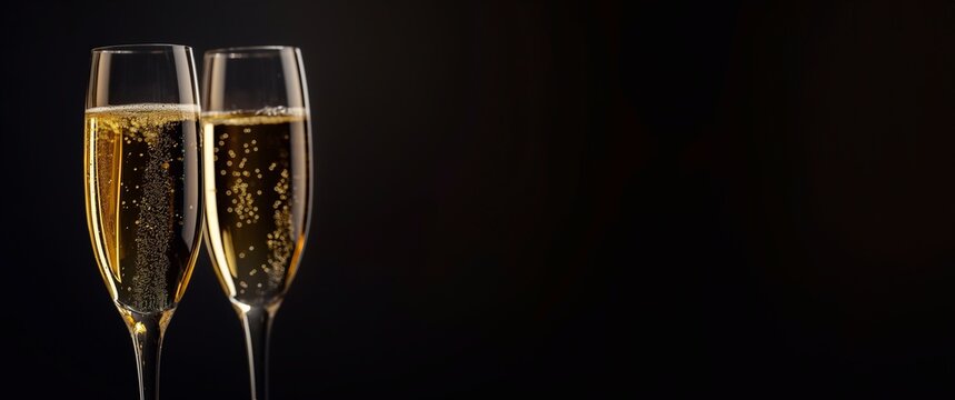 Elegant champagne glasses filled with bubbly on a black background, special occasions like wedding banquet or birthdays party. Cheers to a magical moment! Happy new year backdrop with copy space