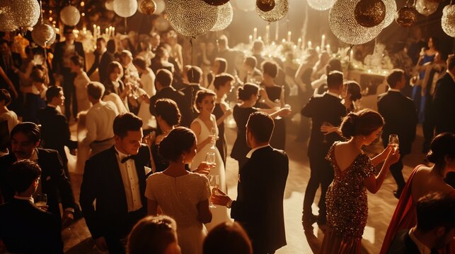High angle view of a christmas party with elegant people mingling and having conversations under a warm ambient light. The banquet hall is full of people. Happy New Year and Merry Christmas