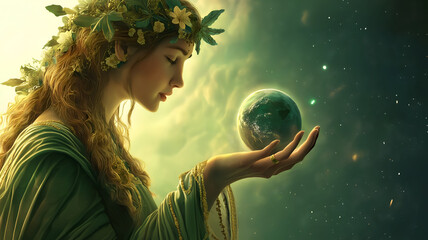 Naklejka premium Mother Earth holding the world embodying care and stewardship over planet.
