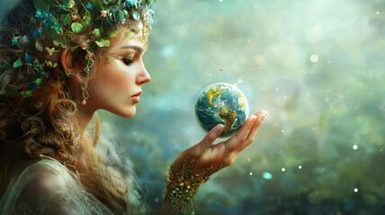 Mother Earth holding the world embodying care and stewardship over planet.