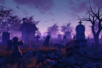 A fantastically mysterious cemetery with tombstones and scary atmosphere
