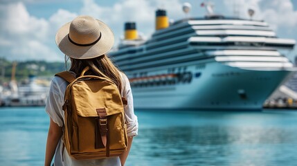 A traveler admires a grand cruise ship while wearing a hat and carrying a backpack, reflecting adventure and leisure by the sea.