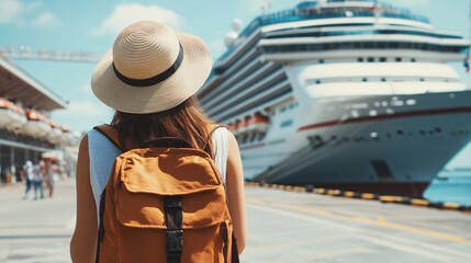 A traveler enjoys a sunny day at the harbor, gazing at a magnificent cruise ship while embracing adventure with her stylish backpack.