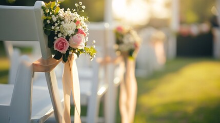 Charming wedding decor featuring floral arrangements on chairs, creating a romantic atmosphere in an outdoor setting.