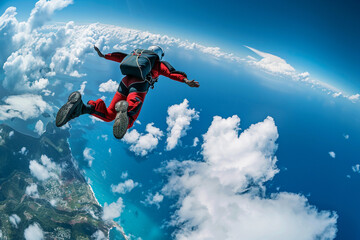 Parachutist with parachute makes heavenly adventure against backdrop of landscape