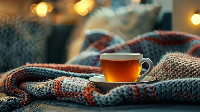 A steaming cup of tea sits on a cozy blanket, perfect for a relaxing evening at home